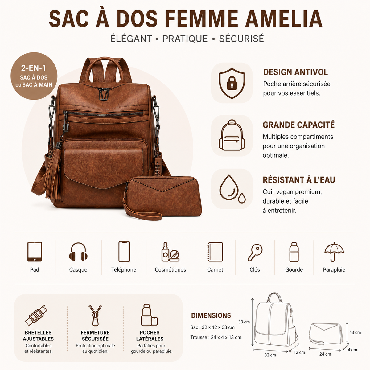 Sac à Dos Cuir Vegan Amelia Femme - Tendance & Organisé