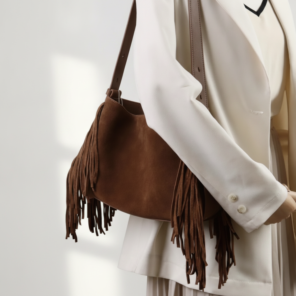 Sac Cabas Daim Lola Franges Marron Chocolat
