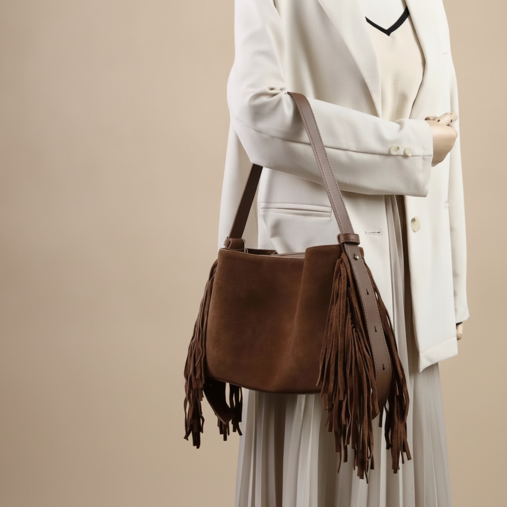 Sac Cabas Daim Lola Franges Marron Chocolat